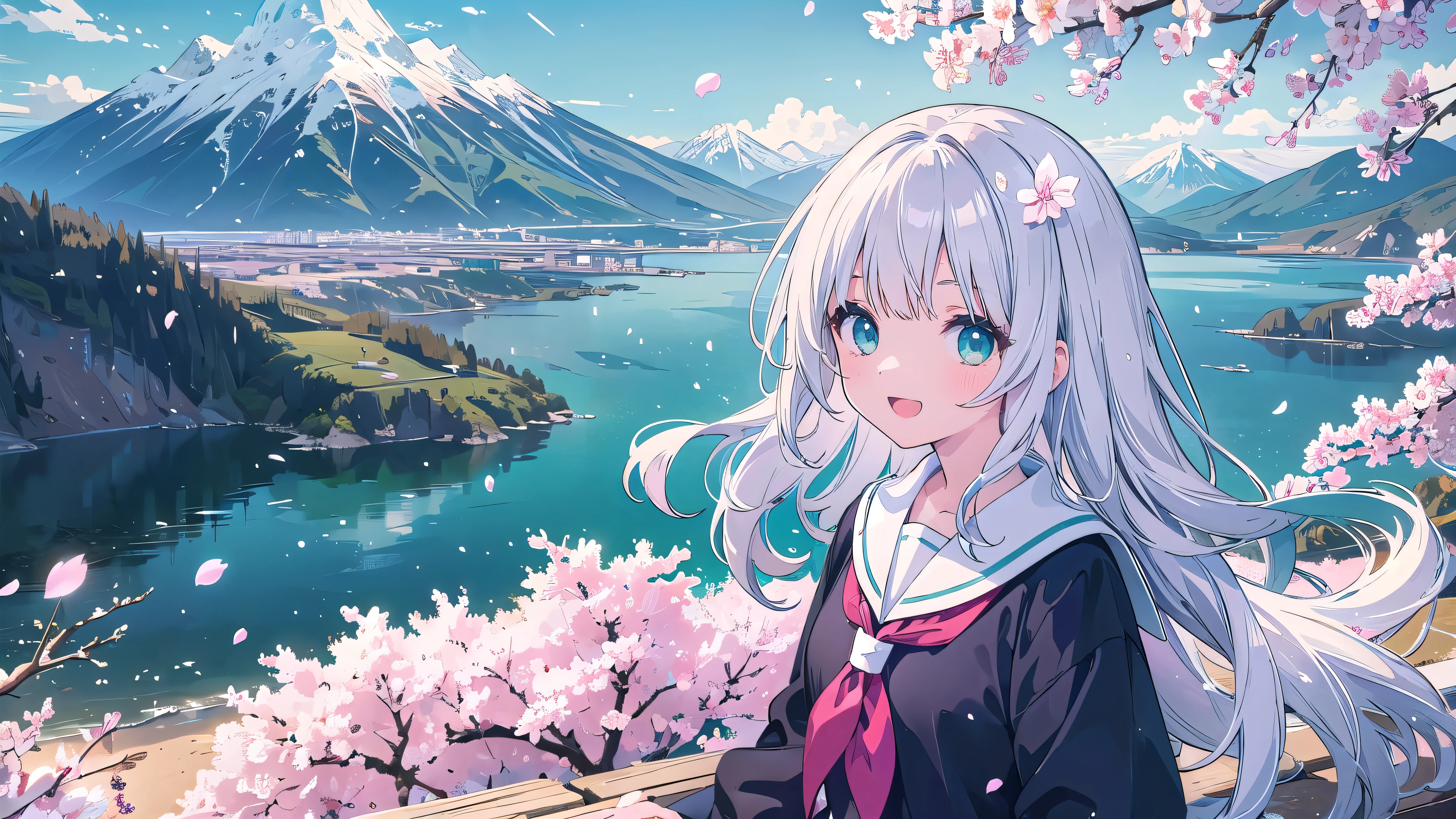 (masterpiece), landscape, mountain horizon, Cherry blossoms, petal, light particles, Upper body, 1 girl, sailor, curls, Floating hair, Smile, sitting, open mouth, light particles, silver hair, aqua eyes, looking at the audience, Face focus