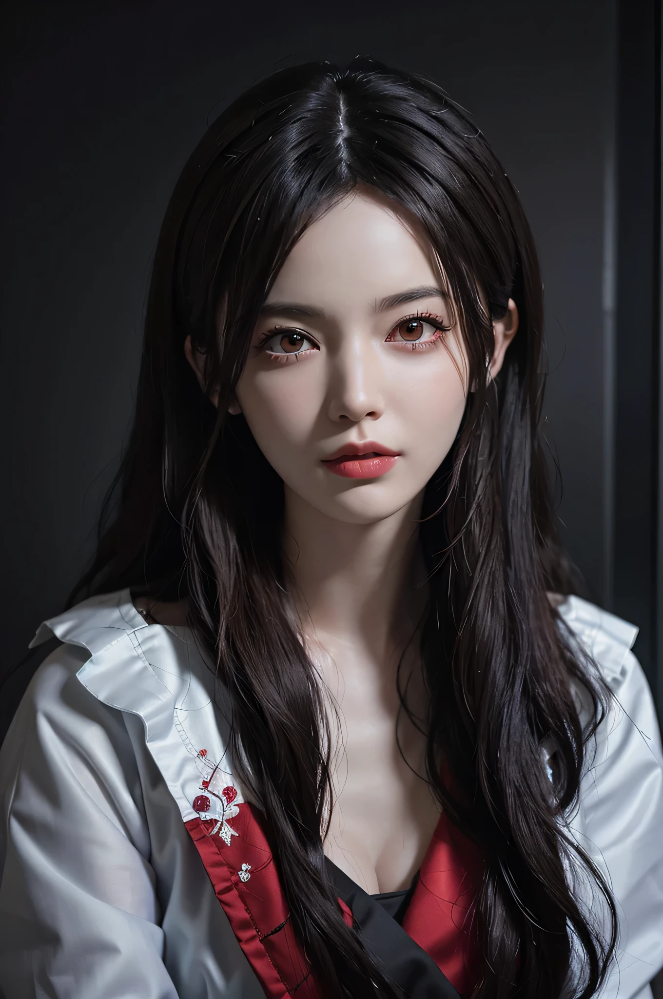 Beautiful girl with realistic black eyes, pale skin, medium length black hair, perfect face, perfect eyes, wearing a coat, very detailed, comprehensive movie, digital painting, 8K, cinematic lighting, highest quality, High resolution, well done!, Post-processing, perfect result, surreal，big breasts，NSFW:0.9