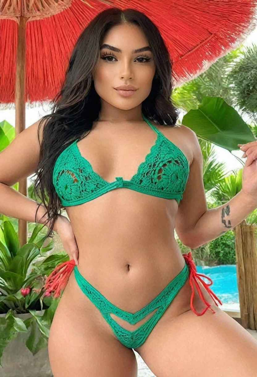 ((high quality:1.2)), Work of art, (8k), extremely detailed, ((High detail:1.2)) ((best resolution)), (Hotlexi woman), Solo, 24 year old mexican female, (thong bikini), (fix his hand to be anatomically correct), (extremely beautiful face:1.24), (Photo /medium:1.2)/,