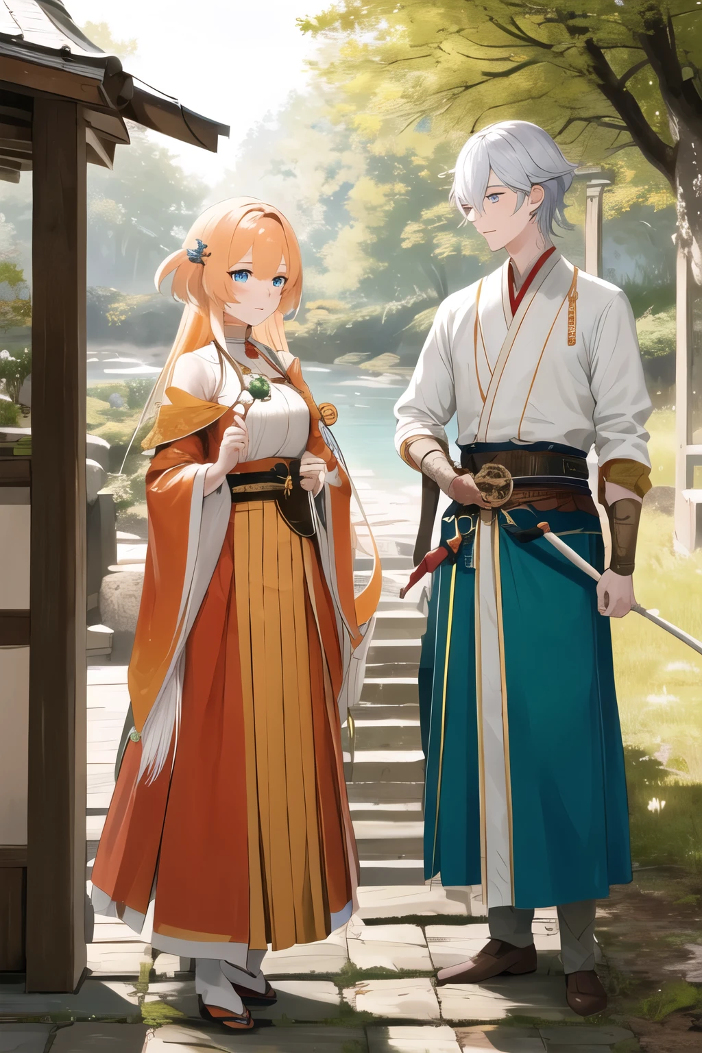 Long orange and wavy hair girl,  genshin style, green fontainian clothes, pale skin, blue eyes, freckles, dendro user, wore a pocket watch and is an archer. She's with a white short hair man, slavic origins, he's from Snezhnaya, he's blind and walk with a long stick which is his pole arm weapon, he's tall