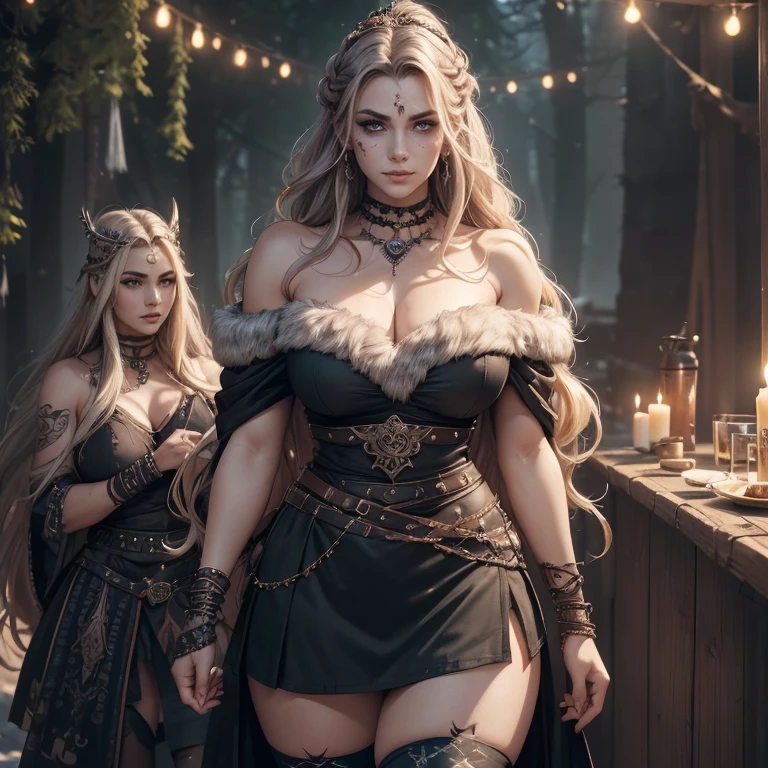 (huge Laughing:0.5), (open mouth:0.4), (wide open huge bright lovely eyes:1.2) (((CAMERA FACING UP 1.3, FISH-EYE-LENS 1.3, wide-angle 
-lens 1.3, bokeh effect)))  masterpiece,high quality,4k , FULL BODY VISIBLE, TWO goth emo punk barbarian Viking women, dramatic makeup of an evil queen, freckles, absolute babe, so many freckles, warrior face paint, messy warrior eye paint eyeshadow, long unkempt wavy messy voluminous hair flowing down her body,  shoulder,, many Viking Tattoos on body and arms , slim;, beautiful shoulders and collarbone, (small ), jaw structure of someone who works out, wearing wide neck off-shoulder fuzzy fluffy fur warrior armor for battle, i
 ((( made of fur that drape her thick muscular thighs 1.3))), tabletop made of fur, green eyes, in a fantastical winter forest with mountains and northern lights, fantasy setting,, night time on a snowy day, ((extremely detailed face, mature intelligent gorgeous face)), stockings, wide  , expression of absolute love and adoration, a lot of jewelry, pretty eye makeup, gorgeous lips , a Viking princess, regal personality, oil painting style, big beautiful eyes looking intelligent looking at camera, girlfriends hugging each other,  , UNIQUE HAIR STYLES, UNIQUE HAIR COLORS, UNIQUE FASHION, EVERYBODY LOOKS UNIQUE, mature faces of adults in their 30s