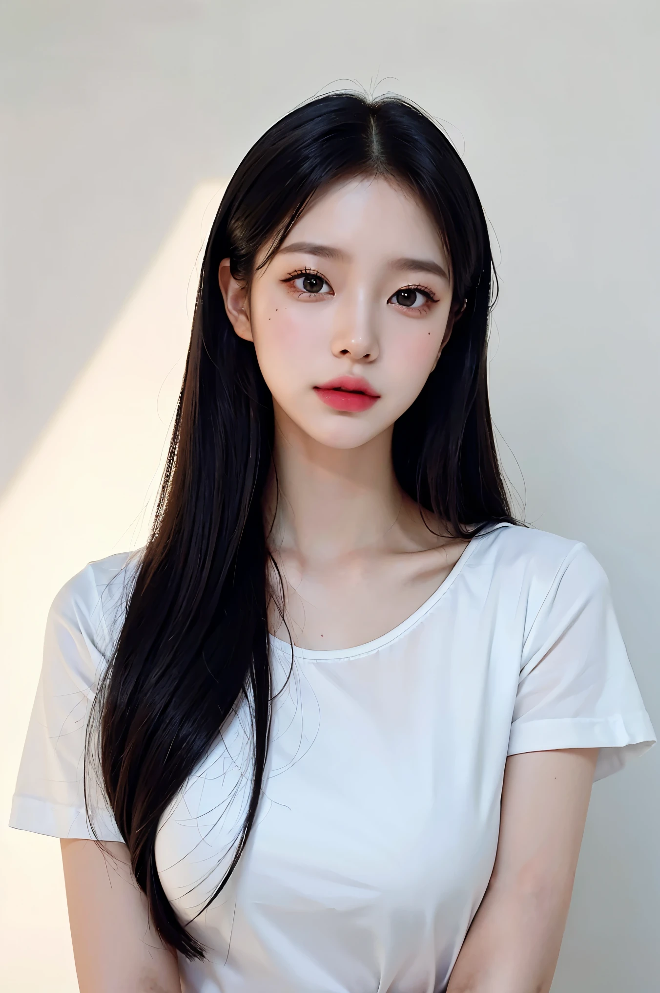 incomparable masterpiece, Ultra-realistic 8K CG, perfect work, ((The perfect feminine image)), mature woman, slim waist, captivating, clean, beautifull face, {an extremely delicate and beautiful girl} , 8K wallpaper, {{{Masterpiece}} }, 1Girl, a white T-shirt, Black hair, Blue Eyes, jewellery, soft lips, Long hair, Look at the crowd, makeups, lip, Pink lips, Simple background, Solo, upper half body, (sparkly skin),