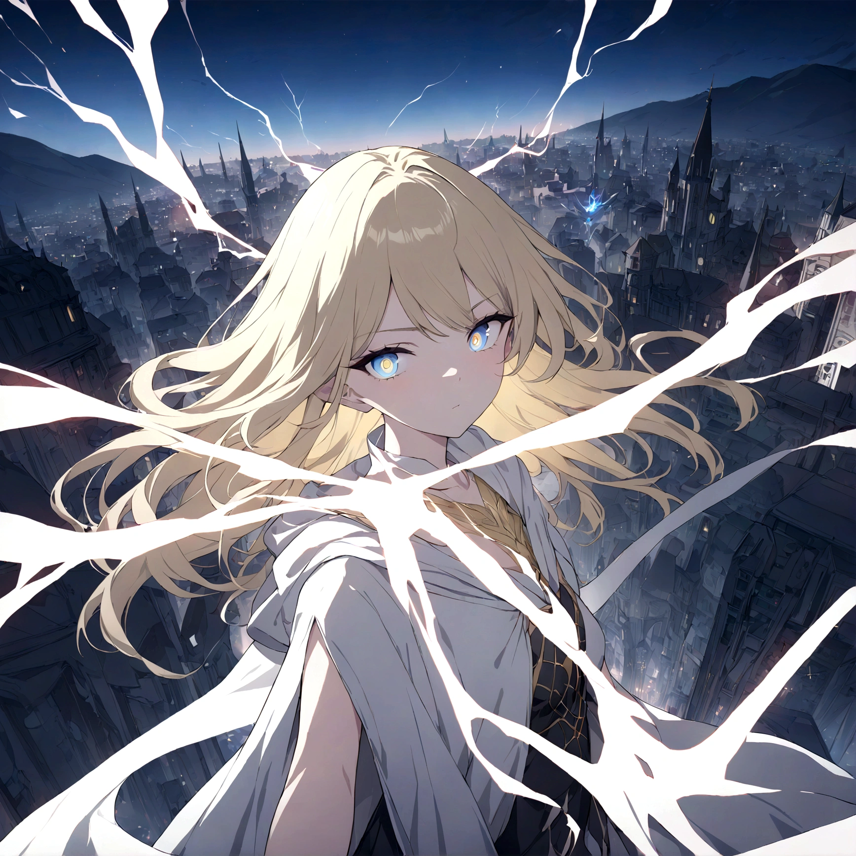 (masterpiece, 32k, 8k, maximum graphics, detailed image, vivid and detailed eyes) sorceress, 19 years old, beautiful face, scenery floating over a city, blonde hair illuminated by the sky, gray and shining eyes, (exuding very powerful aura )