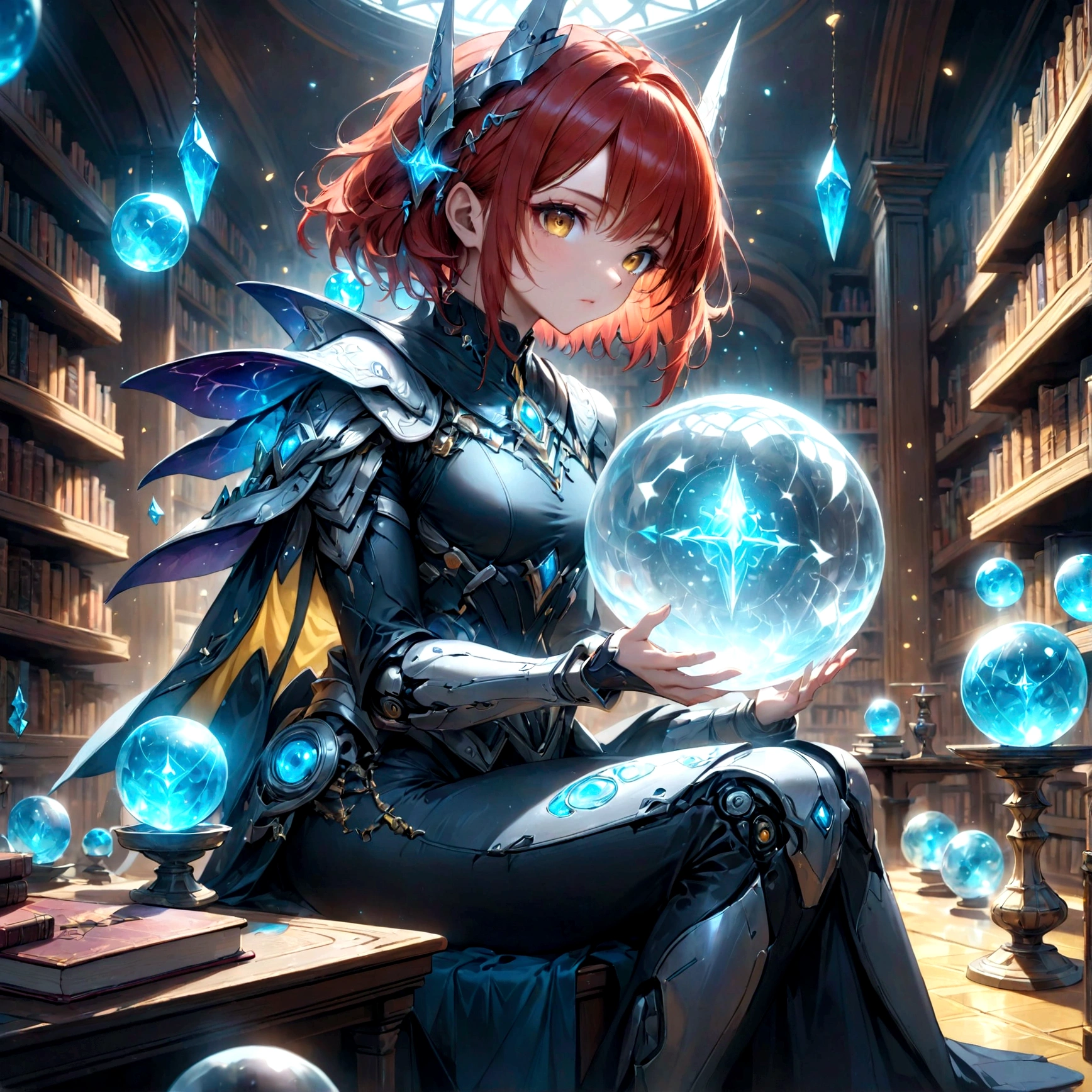 arafed, high details, best quality, 16k, [best detailed], masterpiece, best quality, (extremely detailed), a view from the rear (best details, Masterpiece, best quality), photorealistic, fantasy art, RPG art, a picture of a single1 human mecha woman sorceress sittings in her magical lab, divining distant places in her crystal ball, epic beautiful mecha human woman (best details, Masterpiece, best quality), ultra detailed face (best details, Masterpiece, best quality), red hair, short hair, red eyes, dynamic dress (best details, Masterpiece, best quality), magical library, with many books, and magical runes and wards, glowing arcane sigils GlowingRunes_paleblue, crystal ball (best details, Masterpiece, best quality) on table, runes on crystal balls GlowingRunes_yellow, fantasy magical library background (best details, Masterpiece, best quality), Ultra-Wide Angle, high detail, award winning, best quality, HD, 16K, 3D rendering, high details, best quality, highres, ultra wide angle, 3D rendering, [[anatomically correct]]
