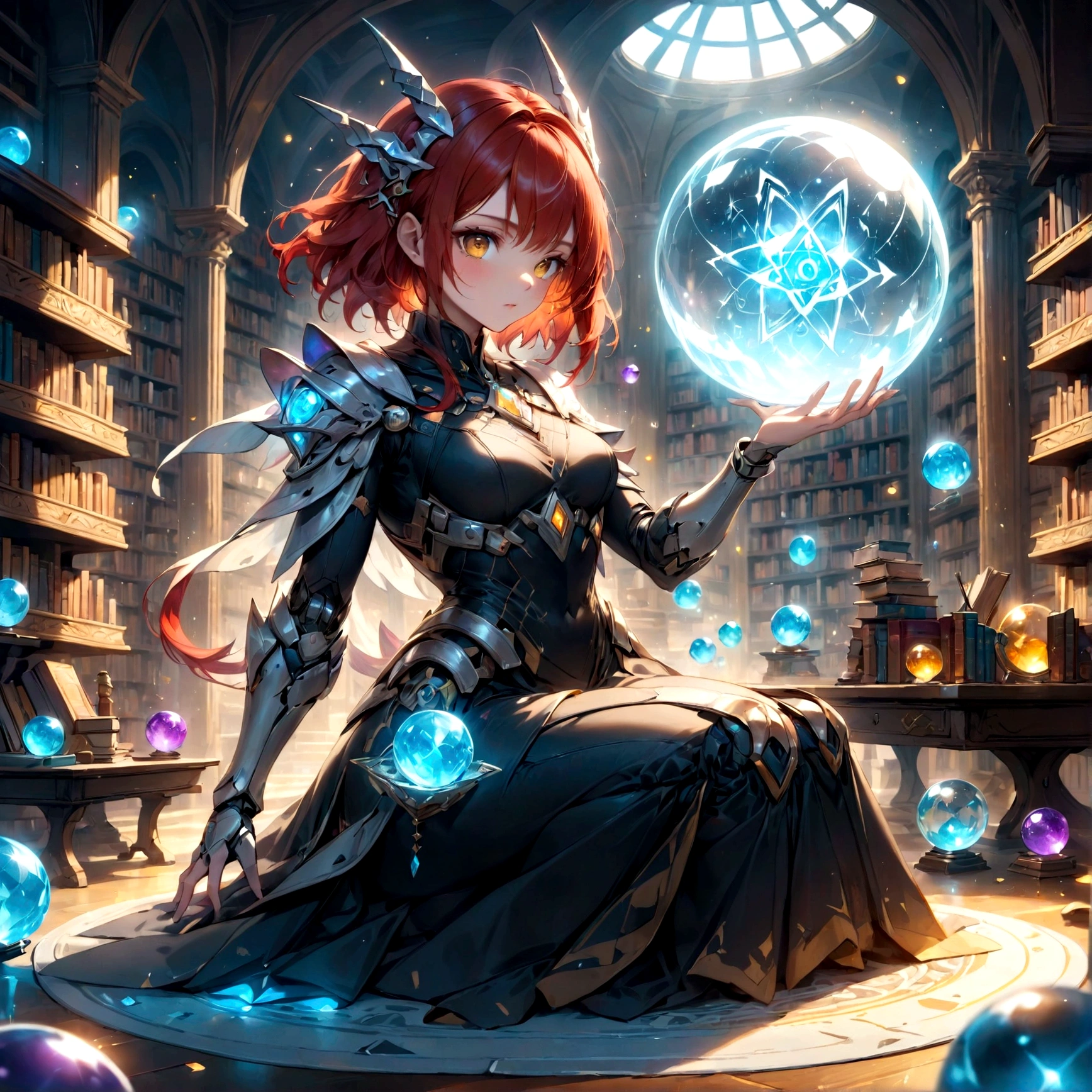 arafed, high details, best quality, 16k, [best detailed], masterpiece, best quality, (extremely detailed), a view from the rear (best details, Masterpiece, best quality), photorealistic, fantasy art, RPG art, a picture of a single1 human mecha woman sorceress sittings in her magical lab, divining distant places in her crystal ball, epic beautiful mecha human woman (best details, Masterpiece, best quality), ultra detailed face (best details, Masterpiece, best quality), red hair, short hair, red eyes, dynamic dress (best details, Masterpiece, best quality), magical library, with many books, and magical runes and wards, glowing arcane sigils GlowingRunes_paleblue, crystal ball (best details, Masterpiece, best quality) on table, runes on crystal balls GlowingRunes_yellow, fantasy magical library background (best details, Masterpiece, best quality), Ultra-Wide Angle, high detail, award winning, best quality, HD, 16K, 3D rendering, high details, best quality, highres, ultra wide angle, 3D rendering, [[anatomically correct]]