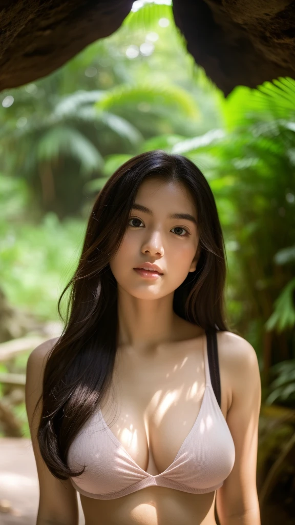((((((All Nude))))))((((((((Nipples、pubic hair))))))))1girl in,Very beautiful Japan woman、beautidful eyes、cleavage of the breast、the wind、cloudy ash sky、It's raining a little、Body like a model、JumpHigh-level image quality、Top image quality、Looking at the camera、Focus on the eyealdives、shores、I found a cave in the jungle and went inside.I found a colorful bird