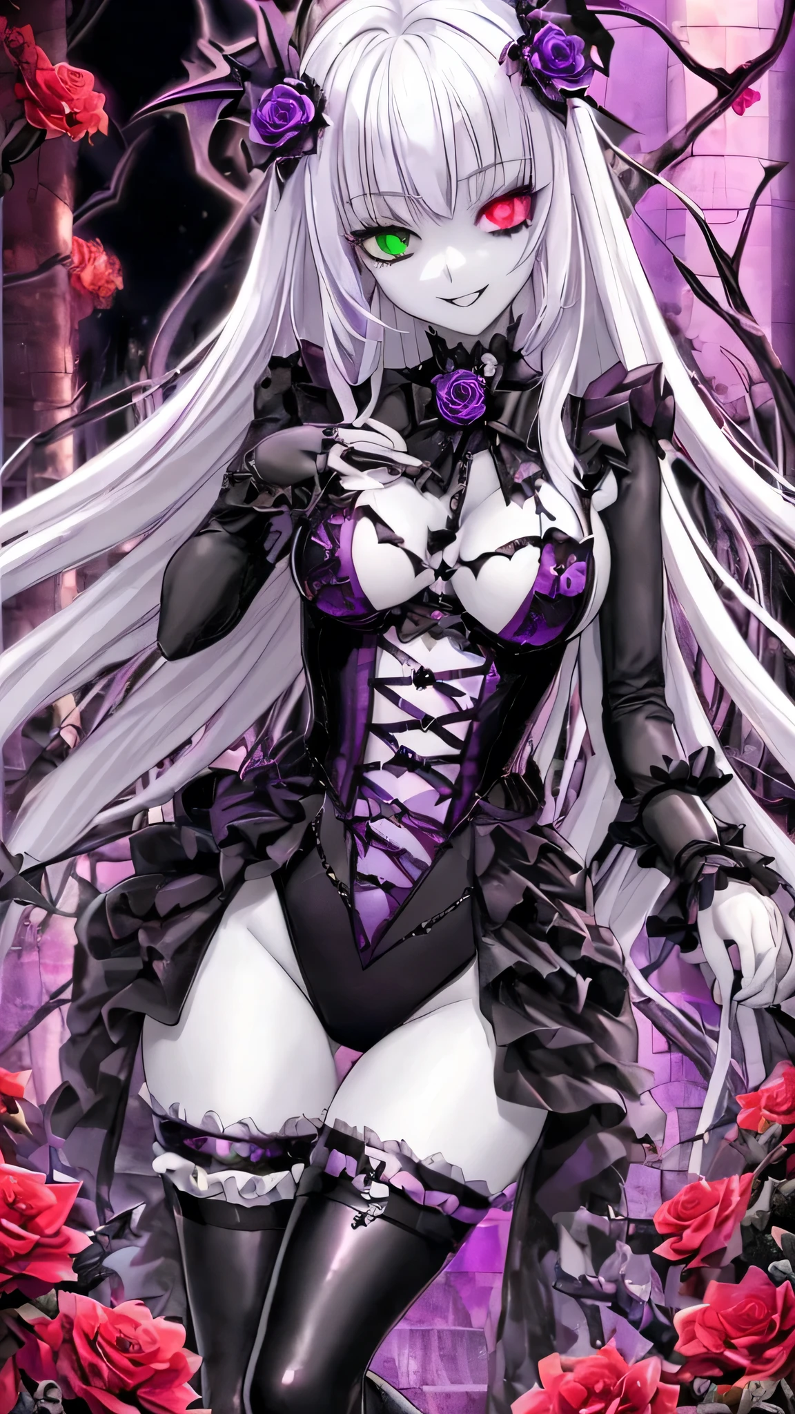 A 2D anime vampire girl，17 years old，Fair skin，Full figure，Silver hair，Heterochromia（Gold and lavender），Obsessive smile，Look at prey with eyes，Gothic clothing（Full of thorns and roses），Clothing is mainly black and purple。