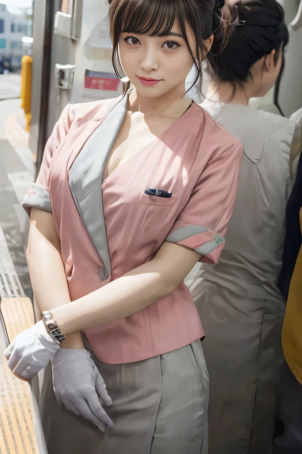 (masterpiece:1.2, highest quality:1.2), 32K HDR, High resolution, (alone、1 girl)、(On the rooftop of a building in the daytime、Professional Lighting)、Building rooftop background、(Nankai train crew uniform pinkを着たリアルスタイル)、(Nankai train crew uniform pink short sleeve pink jacket、Nankai Train Crew Uniform Pink Collarless Short Sleeve Blouse、Nankai Train crew uniform pinkのグレー色のキュロットスカート)、Dark brown hair、(Hair tied up、Hair Bun、Hair Bun)、Dark brown hair、Long Shot、Big Breasts、Thin legs、((Great hands:2.0)),((Harmonious body proportions:1.5)),((Normal limbs:2.0)),((Normal finger:2.0)),((Delicate eyes:2.0)),((Normal eyes:2.0)))、smile、(Nankai Train crew uniform pinkのグレー色のキュロットスカートを見せた美しい歩く姿)、Keep your hands natural