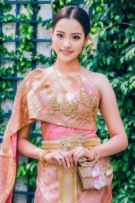 A woman in a pink and gold dress stands in front of a wall., Sukhothai set, traditional beauty, Very beautiful Enga style., traditional, Thai anime girl, Niwan Chandra, According to Thawan Duchanee&#39;s style, traditional dress, Wear elegant clothes, Southeast Asia that has existed for a long time, traditional tai costume, traditional clothes, Wear beautiful clothes.