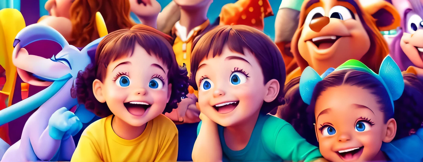 happy children at a party, surrounded by happy and happy animals, disney image style, surprise me with pixar magic