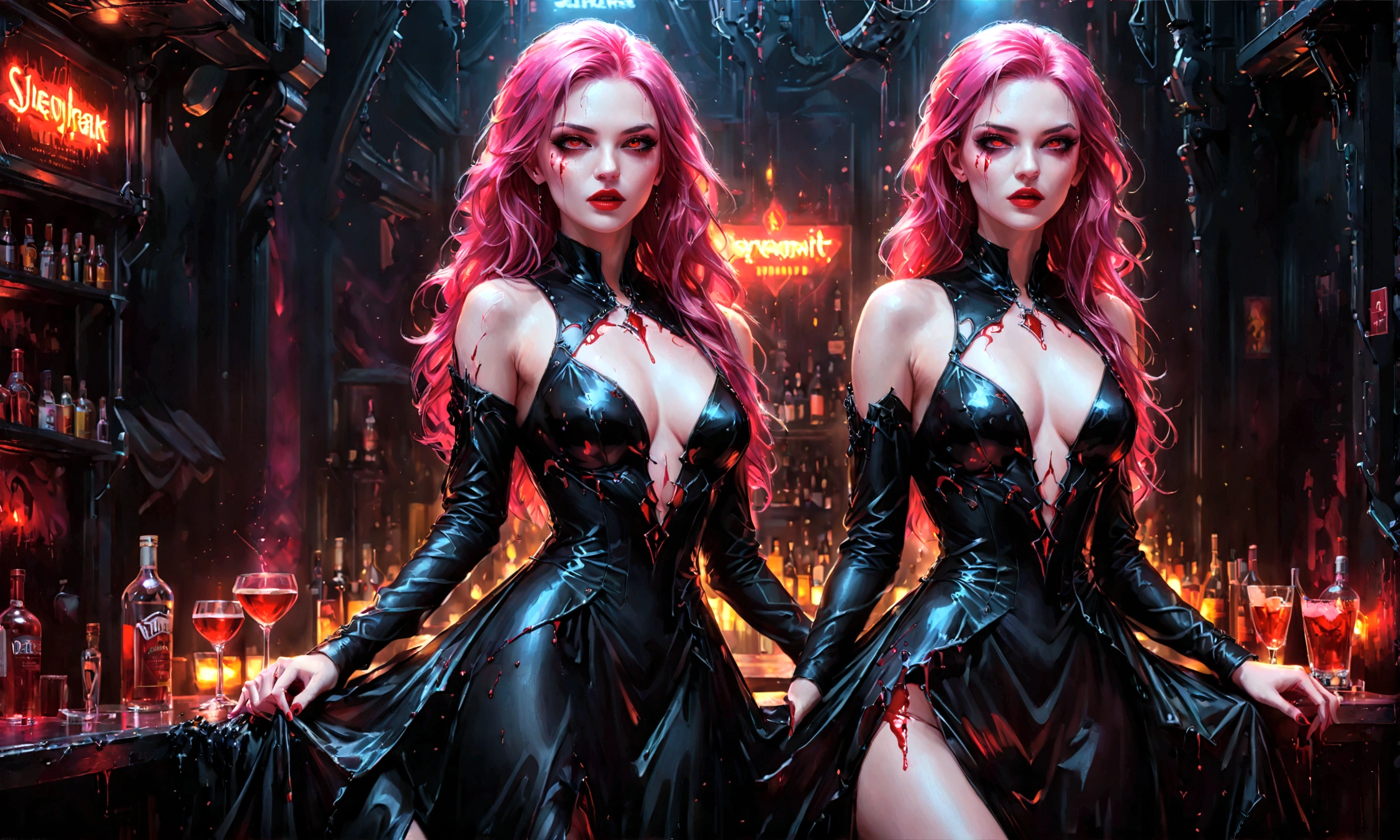 Arafed, dark fantasy art, glamour shot, award winning shot, photorealistic, a portrait of a female vampire, pink hair, long hair, red lips, glowing eyes, dynamic color, she wears, an elegant (black dress: 1.5), blood dripping from lips, cyberpunk bar background, 16k, ultra detailed, masterpiece, best quality, (extremely detailed), Dark Art Painting Style, drkfntasy