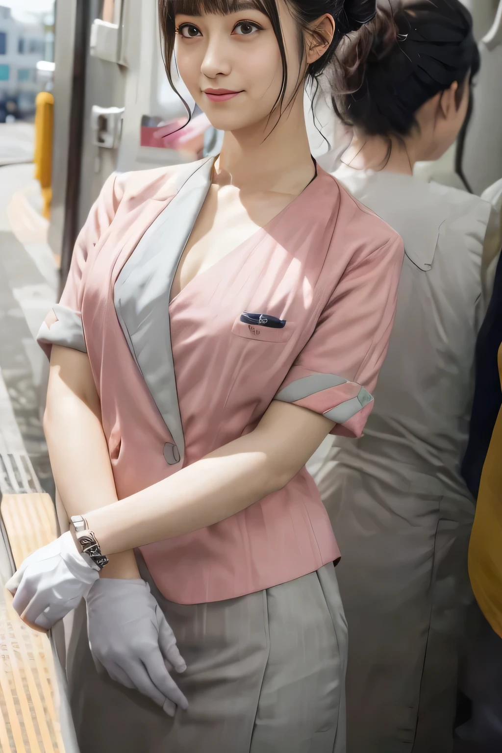 (masterpiece:1.2, Highest quality:1.2), 32k HDR, High resolution, (alone、1 girl)、 (Height: 160cm)、(On the rooftop of a building in the daytime、Professional Lighting)、Building rooftop background、(Nankai train crew uniform pinkを着たリアルスタイル)、(Nankai train crew uniform pink short sleeve collarless pink jacket、Nankai Train Crew Uniform Pink Collarless Short Sleeve Blouse、Nankai Train Crew Uniform Pink Grey Knee-length Culottes)、(The pink jacket is showing from the culottes.)、Dark brown hair、(Hair tied up、Hair tied up、Evening curly hairstyle)、Dark brown hair、Long Shot、Big Breasts、Thin legs、((Great hands:2.0)),((Harmonious body proportions:1.5)),((Normal limbs:2.0)),((Normal finger:2.0)),((Delicate eyes:2.0)),((Normal eyes:2.0)))、smile、(Nankai Train Crew Uniform Pink Grey Knee-length Culottesを見せた美しい歩く姿)、Place your hands around your stomach
