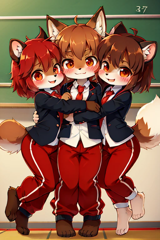 3girls, wolf and fox and tanuki, furry, bodyfur, tail, blazer, red jersey pants, long pants, glove, barefoot, chibi, sparkling eyes, triplets, full body, love triangle, hug from behind, jumping, jealous, school, classroom