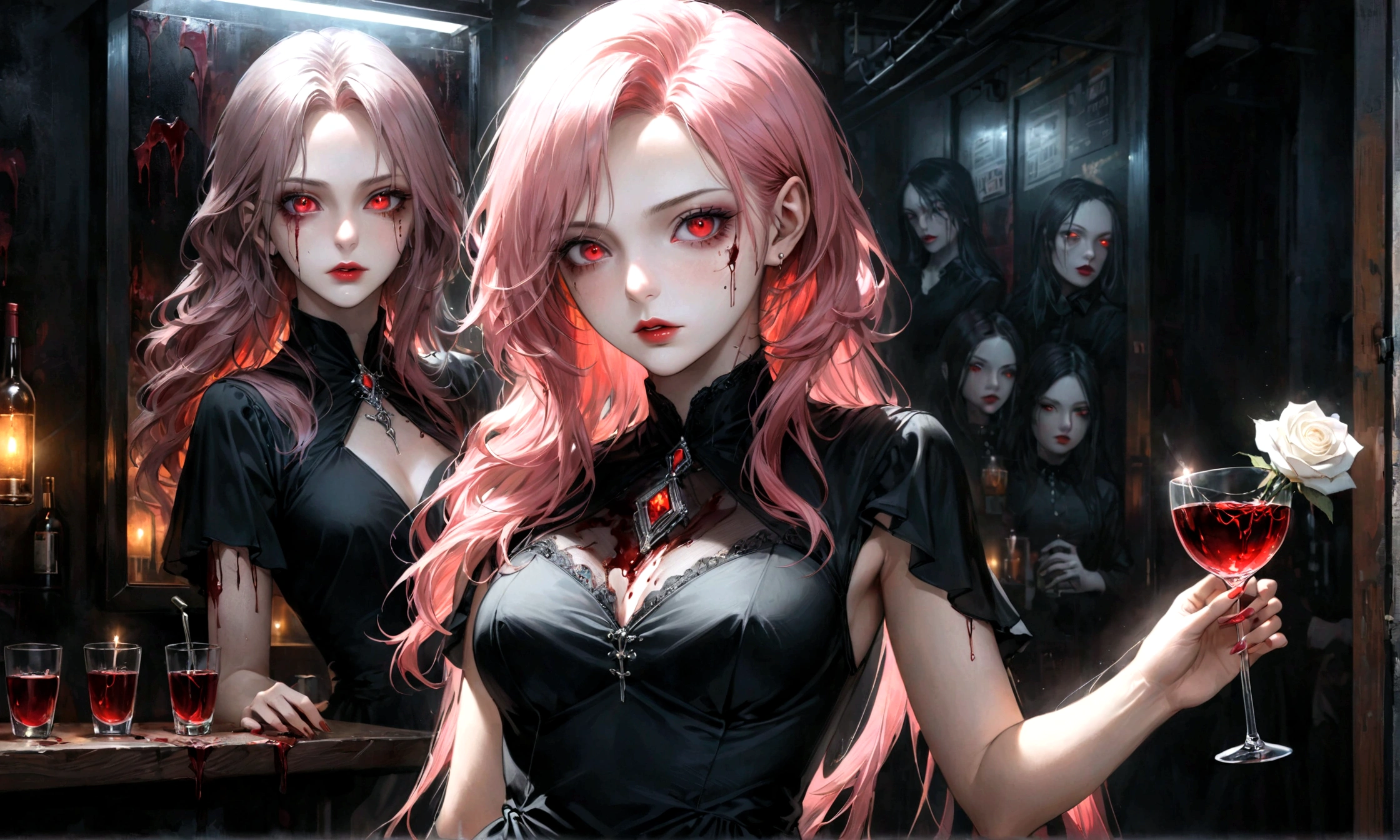 Arafed, dark fantasy art, glamour shot, award winning shot, photorealistic, a portrait of a female vampire drinking a glass of blood,, pink hair, long hair, red lips, glowing eyes, there is an imprint of white rose, dynamic color, she wears, an elegant (black dress: 1.5), blood dripping from lips, cyberpunk bar background, 16k, ultra detailed, masterpiece, best quality, (extremely detailed), Dark Art Painting Style