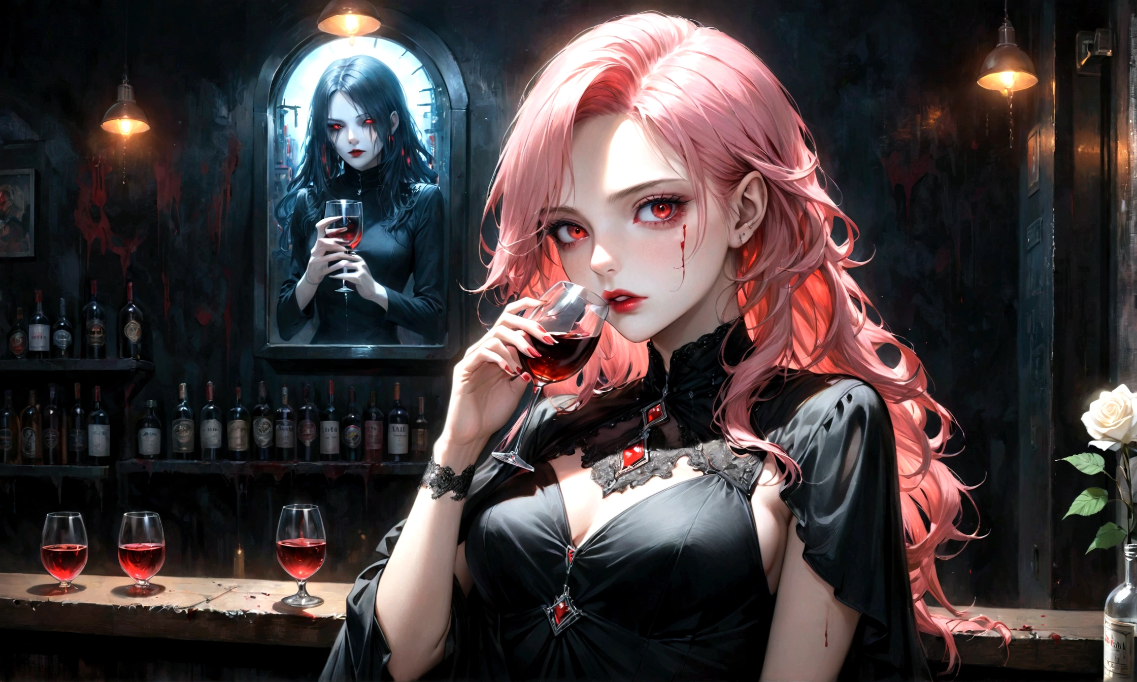 A vampire with beautiful features and body holding a glass with blood on it, realistic, 4k, studio white background, global light** - --auto --s2