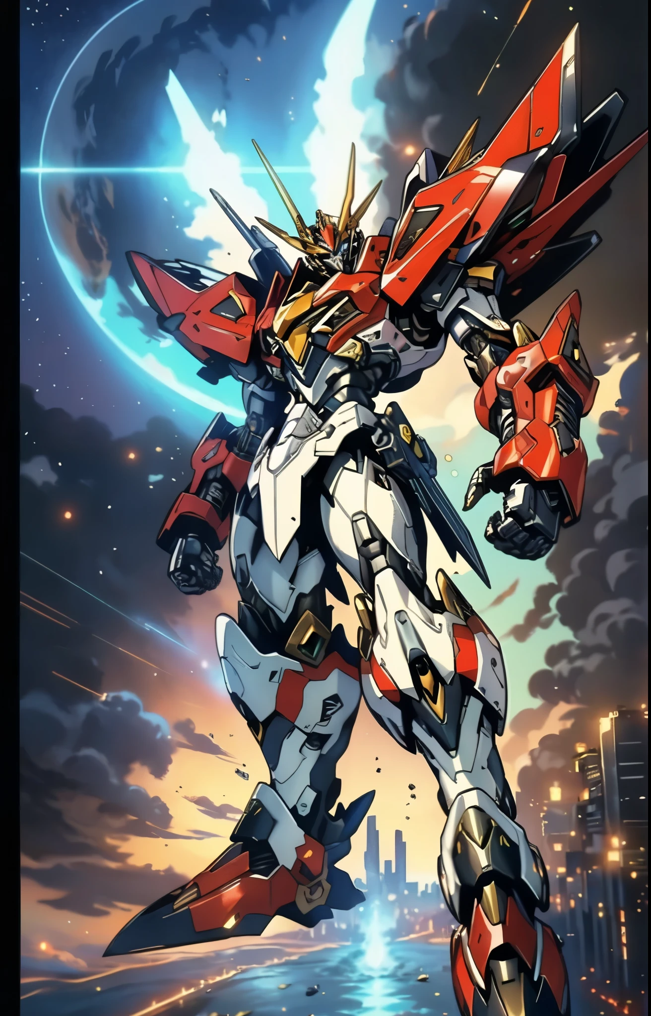 Humanoid Mecha, fully enclosed shoulder guards, matching arm and leg guards, full body, full armor, the design balances heavy with agility, (the color scheme is primarily white with red and blue accents, the concept Inspired by Super robot, organic biotech armor, standing, floating high above the futuristic sci-fi city), exquisite and mature art style, (aura effect, energy, glowing eyes, the armor glows), ((SRS)), metallic, dynamic, dramatic, high definition, best quality, highres, ultra-detailed, ultra-fine painting, extremely delicate, professional, perfect body proportions, anatomically correct, symmetrical face, extremely detailed eyes and face, high quality eyes, creativity, RAW photo, UHD, 32k, Natural light, cinematic lighting, masterpiece-anatomy-perfect, masterpiece:1.5