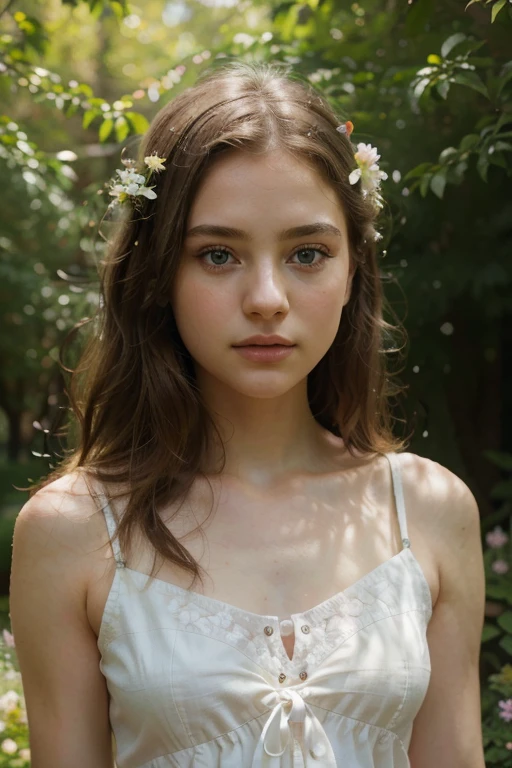 a young innocent girl, a girl in a white dress, beautiful detailed eyes, beautiful detailed lips, extremely detailed eyes and face, long eyelashes, delicate porcelain skin, angelic expression, serene and peaceful, standing in a lush garden, surrounded by flowers, sunlight streaming through the trees, soft natural lighting, muted warm color palette, impressionistic style, (best quality,8k,highres,masterpiece:1.2),ultra-detailed,(realistic,photorealistic:1.37)