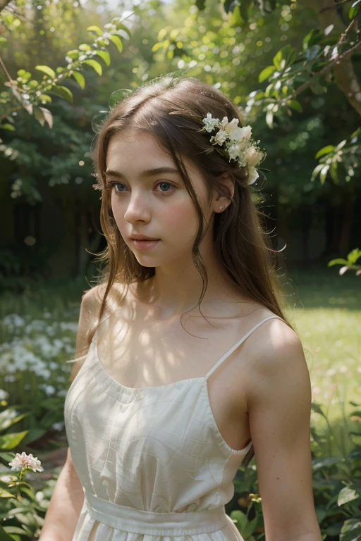 a young innocent girl, a girl in a white dress, beautiful detailed eyes, beautiful detailed lips, extremely detailed eyes and face, long eyelashes, delicate porcelain skin, angelic expression, serene and peaceful, standing in a lush garden, surrounded by flowers, sunlight streaming through the trees, soft natural lighting, muted warm color palette, impressionistic style, (best quality,8k,highres,masterpiece:1.2),ultra-detailed,(realistic,photorealistic:1.37)