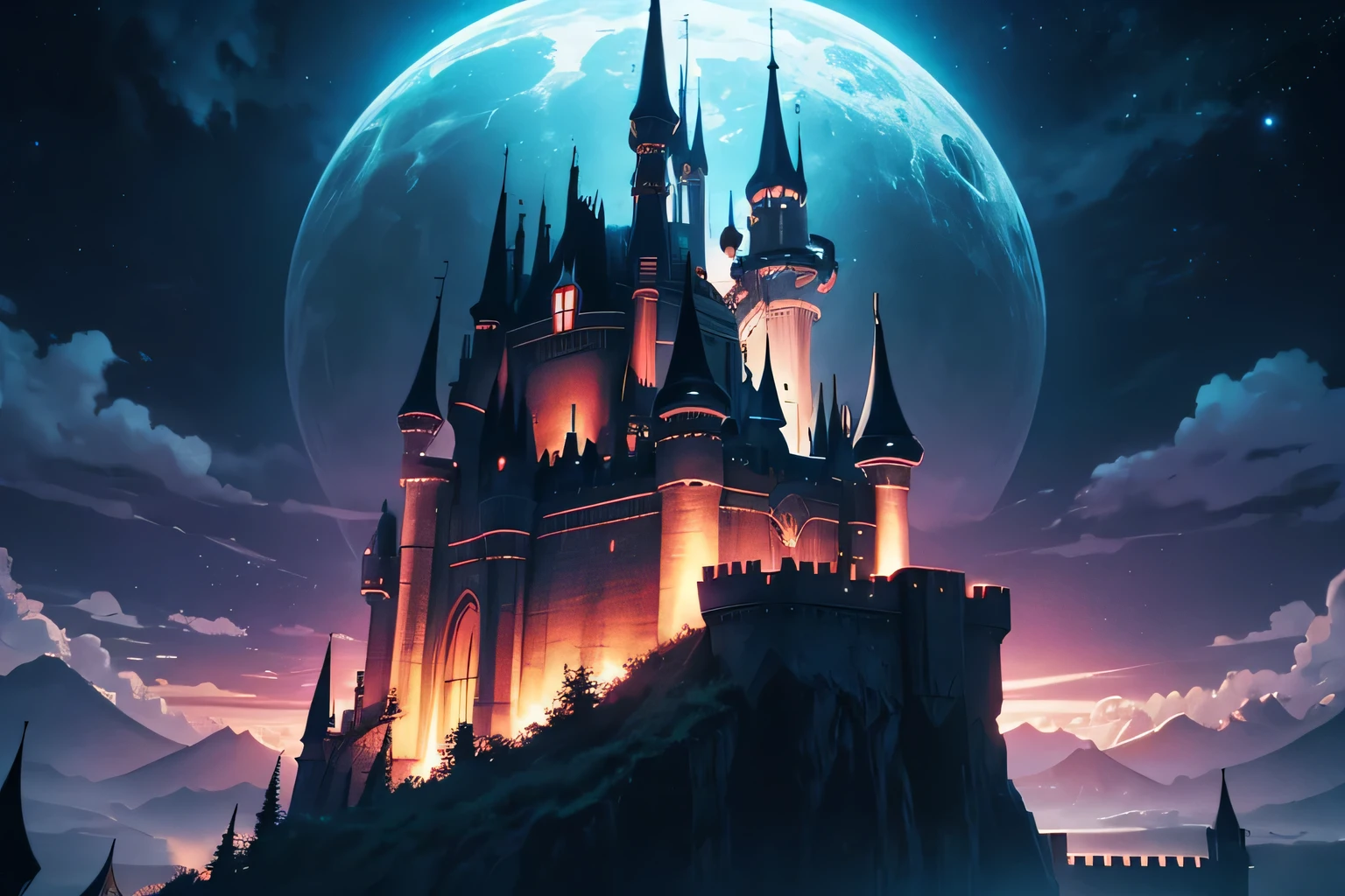 anime, fantasy castle in the sky, deep dark, black, background