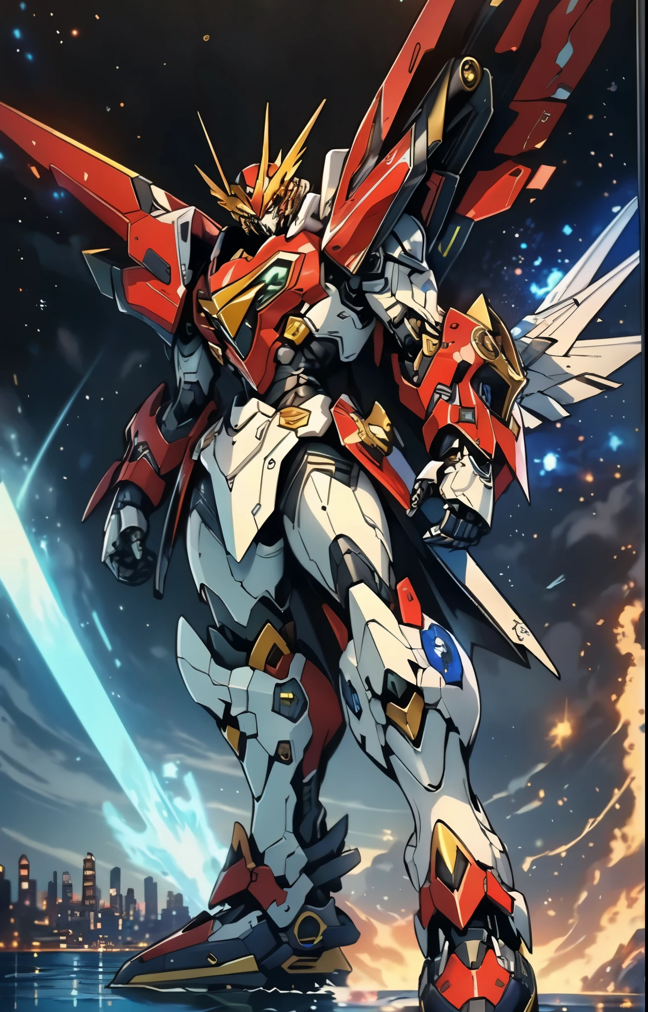 Humanoid Mecha, fully enclosed shoulder guards, matching arm and leg guards, full body, full armor, the design balances heavy with agility, (the color scheme is primarily white with red and blue accents, the concept Inspired by Super robot, organic biotech armor, standing, floating high above the futuristic sci-fi city), exquisite and mature art style, (aura effect, energy, glowing eyes, the armor glows), ((SRS)), metallic, dynamic, dramatic, high definition, best quality, highres, ultra-detailed, ultra-fine painting, extremely delicate, professional, perfect body proportions, anatomically correct, symmetrical face, extremely detailed eyes and face, high quality eyes, creativity, RAW photo, UHD, 32k, Natural light, cinematic lighting, masterpiece-anatomy-perfect, masterpiece:1.5