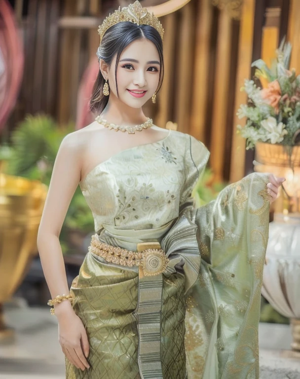 A woman in a pink and gold dress stands in front of a wall., Sukhothai set, traditional beauty, Very beautiful Enga style., traditional, Thai anime girl, Niwan Chandra, According to Thawan Duchanee's style, traditional dress, Wear elegant clothes, Southeast Asia that has existed for a long time, traditional tai costume, traditional clothes, Wear beautiful clothes.