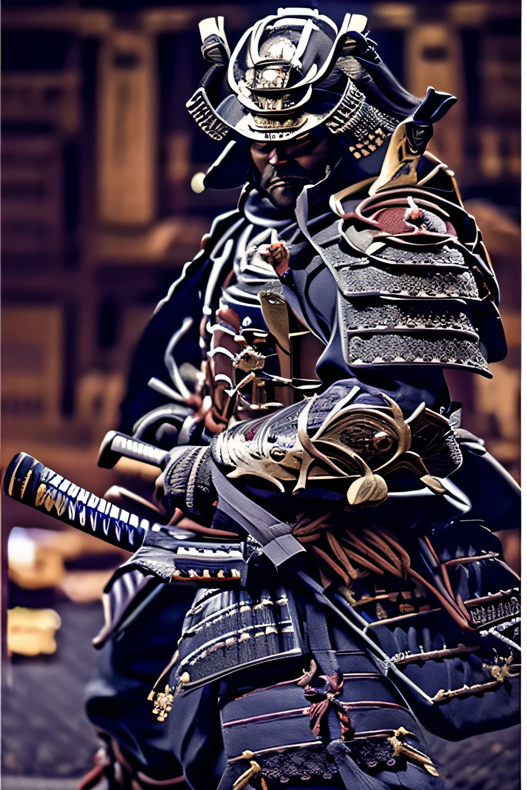 A highly detailed, cinematic portrait of a samurai warrior from the Sengoku period of feudal Japan. The samurai is wearing a sleek, jet-black lacquered armor set, including a distinctive kabuto helmet with a dark mask covering the face. The armor has intricate metallic accents and the warrior's body emanates a sense of intense heat, with steam rising from the surface. The armor features a distinctive Japanese design, with a curved breastplate, large shoulder guards, and a skirt-like kusazuri protecting the thighs. The samurai is in a dynamic, powerful pose, gripping a katana with both hands, ready to strike. The background is blurred, suggesting a battlefield setting, but the focus is sharply on the imposing figure of the samurai, conveying a powerful and ominous presence. The image is captured with a high-end professional camera, resulting in an extremely high-quality, refined, and photorealistic visual experience that is virtually indistinguishable from a real photograph.