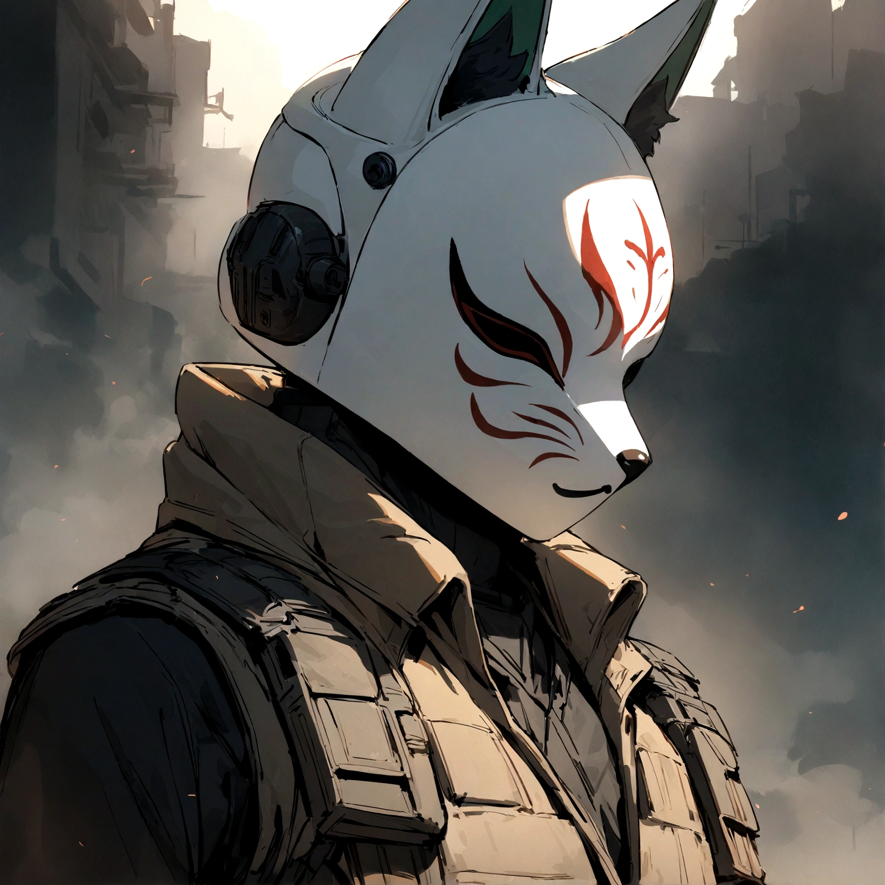 (masterpiece), best quality, expressive eyes, perfect face, Male, Black sci-fi helmet, helmet with fox ears, four green helmet eyeholes, Fox mask, Kitsune mask, Helmet Kitsune mask, brown fur lined overcoat, tactical vest, handsome, waist up view, upper body view