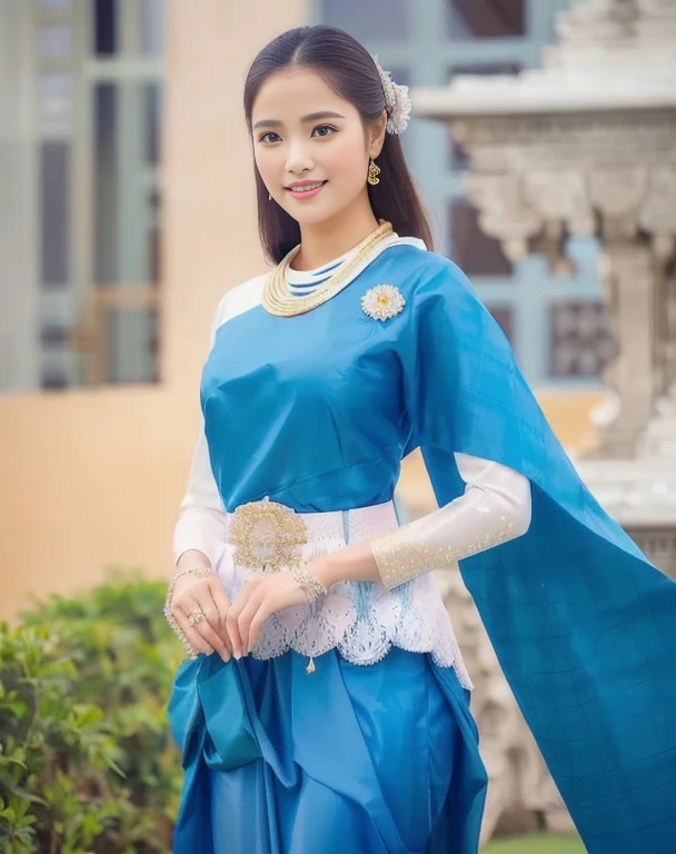 A woman in a pink and gold dress stands in front of a wall., Sukhothai set, traditional beauty, Very beautiful Enga style., traditional, Thai anime girl, Niwan Chandra, According to Thawan Duchanee&#39;s style, traditional dress, Wear elegant clothes, Southeast Asia that has existed for a long time, traditional tai costume, traditional clothes, Wear beautiful clothes.