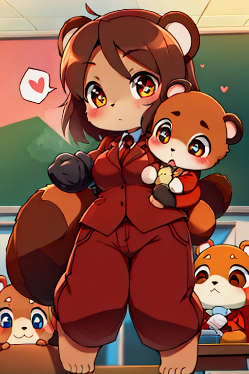 3girls, wolf and fox and tanuki, furry, bodyfur, tail, blazer, red jersey pants, long pants, glove, barefoot, chibi, sparkling eyes, triplets, full body, love triangle, hug from behind, jumping, jealous, school, classroom