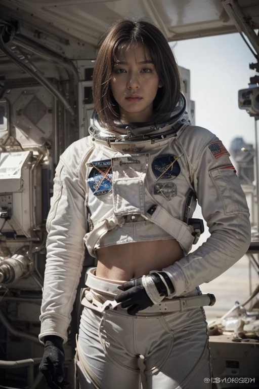 1 Woman,Exquisite beautiful woman,Close-up photo portrait of astronaut, atmospheric scene, masterpiece, best quality,Full body female love,Full body portrait, (Detailed beautiful face, Detailed skin texture, Super detailed details:1.1),Abdominal muscles,(Slender long legs:1.2),(Space suit :1.3)