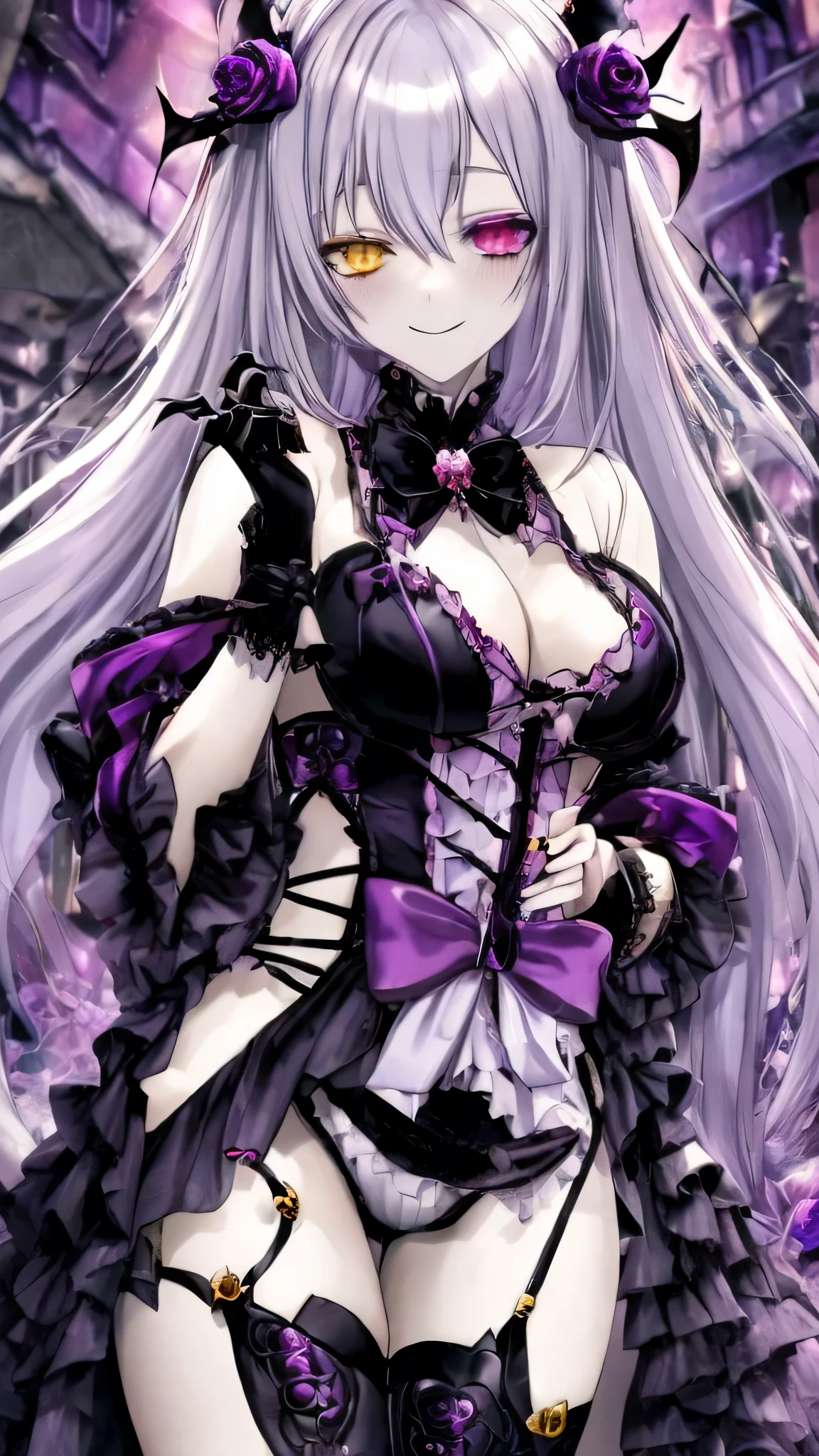 A 2D anime vampire girl，，Fair skin，Full figure，Silver hair，Heterochromia（Gold and lavender），Obsessive smile，Look at prey with eyes，Gothic clothing（Full of thorns and roses），Clothing is mainly black and purple。