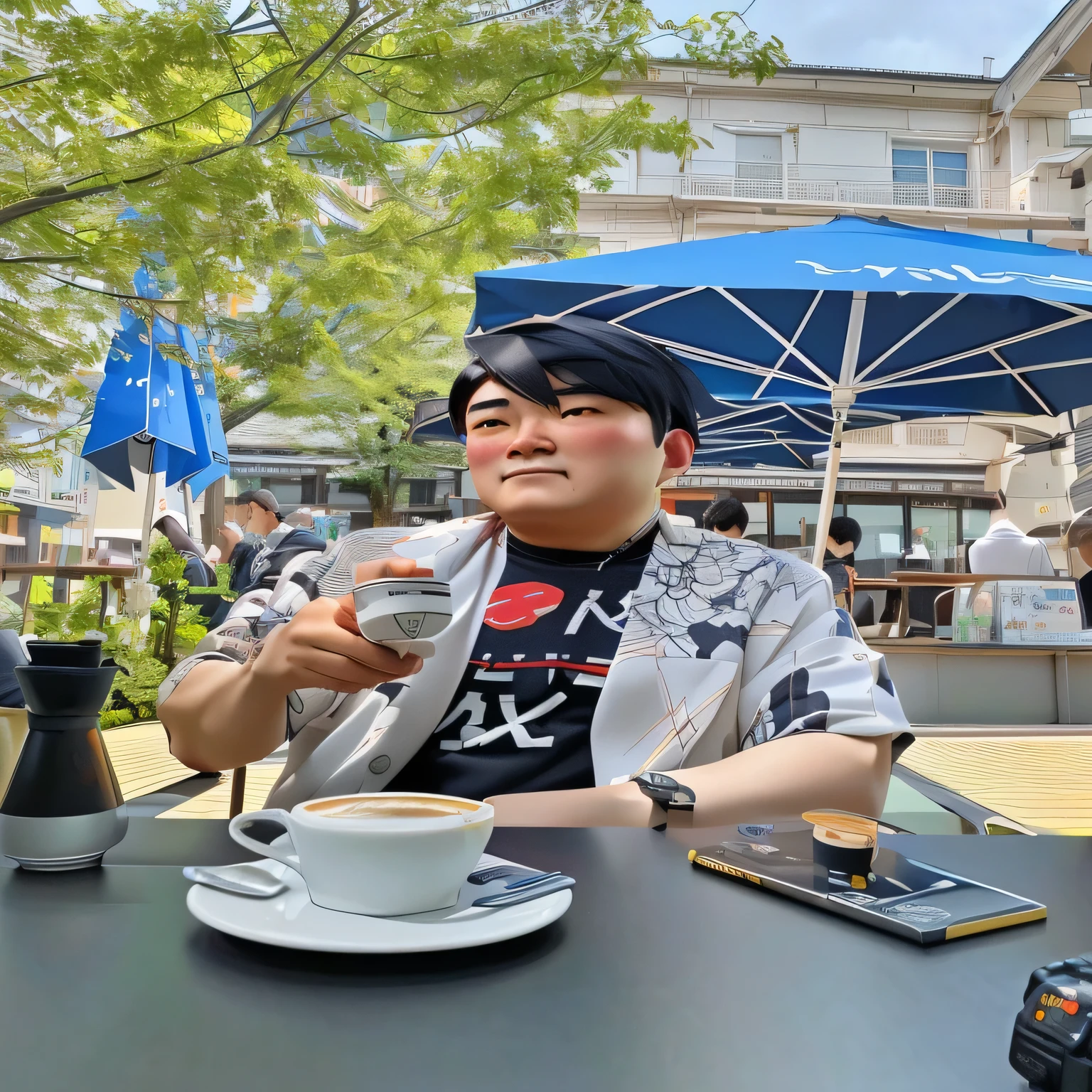 There is a man sitting at the table,Holding a cup of coffee, Use your index finger, Shot with Sony Alpha 9, Sitting in a cafe, Akihiko Inoue and Ross Tran, Shot with Canon eos 5d mark IV, Japanese illustrator, Yosuke Ueno, Cong, Unreal 5, Peter Shaw