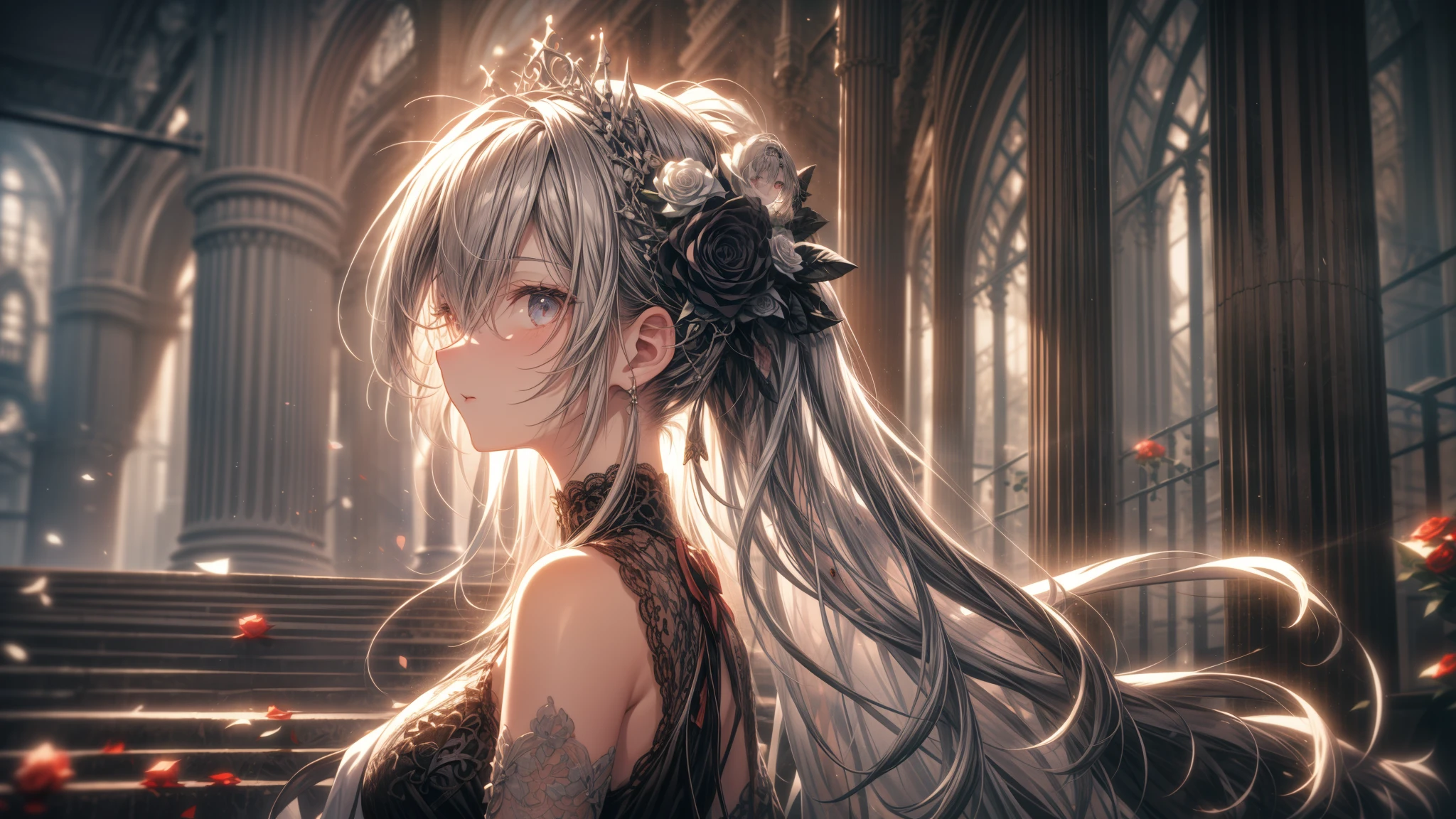 A  girl，Wilted roses，Gothic，White hair，Hyper-Resolution，Accuracy，detail render，（Delicate Face Portrayal）（Fine hair depiction）（Best quality at best）（tmasterpiece）（High degree of completion）（a sense of atmosphere）tmasterpiece，ultra - detailed（bust）style of anime