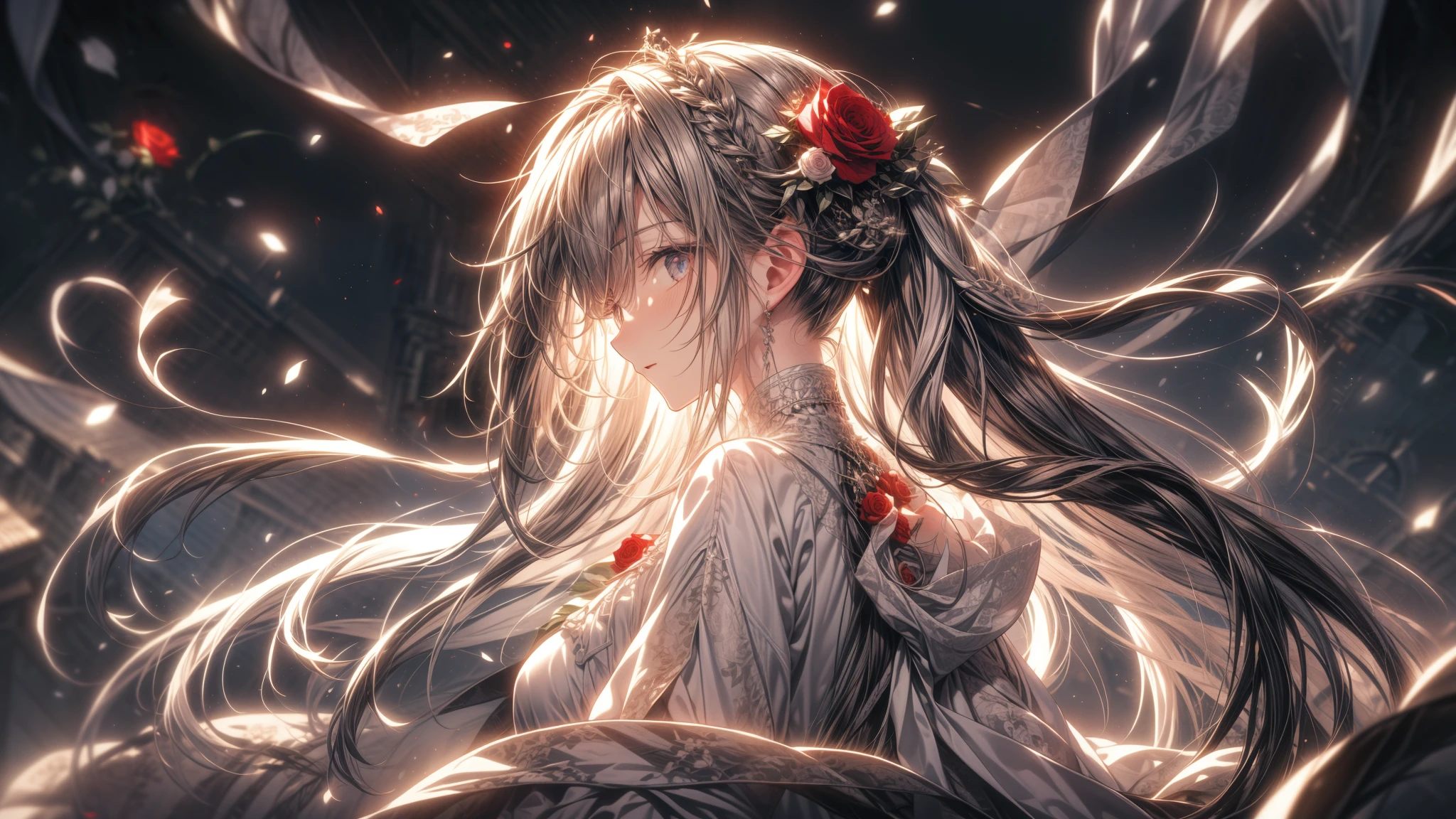 A teenage girl,Wilted roses,Gothic,White hair,Hyper-Resolution,Accuracy,detail render,(Delicate Face Portrayal)(Fine hair depiction)(Best quality at best)(tmasterpiece)(High degree of completion)(a sense of atmosphere)tmasterpiece,ultra - detailed(bust)style of anime