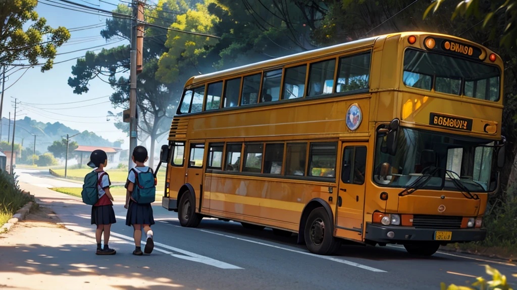 there is a school bus with children on it, fundo da montanha, posto de gasolina ao lado da estrada.