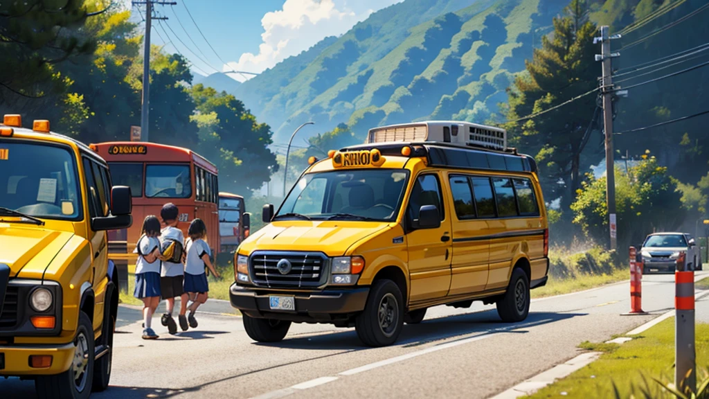 there is a school bus with children on it, fundo da montanha, posto de gasolina ao lado da estrada.