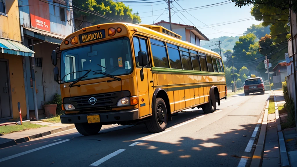 there is a school bus with children on it, fundo da montanha, posto de gasolina ao lado da estrada.