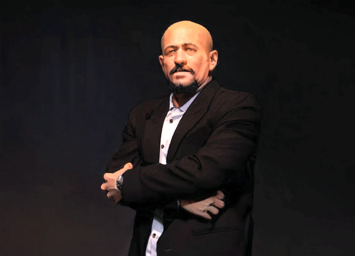 there is a man in a black suit and white shirt standing with his arms crossed, brasileiro, careca, wears a goatee and has a serious expression, droopy eyes