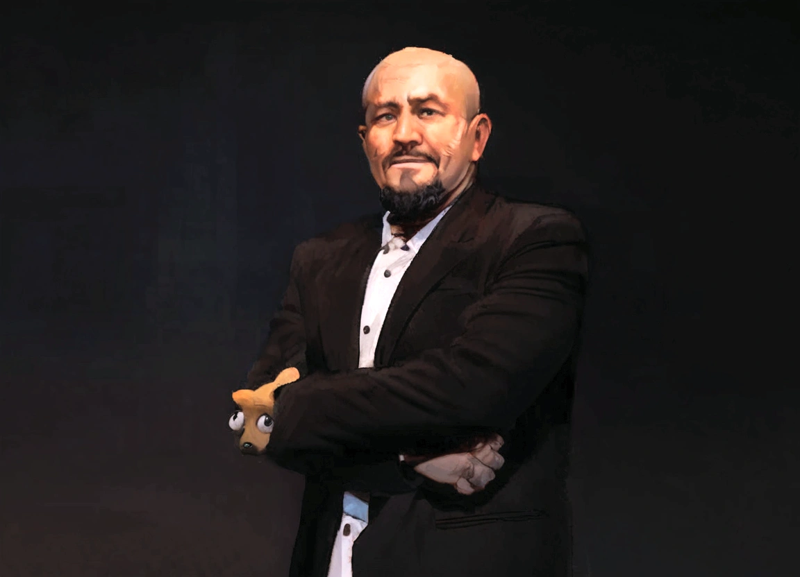 there is a man in a black suit and white shirt standing with his arms crossed, brasileiro, careca, wears a goatee and has a serious expression, droopy eyes