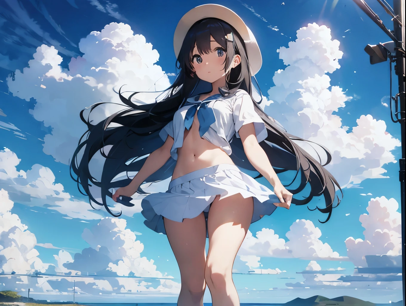 ??????? sticking to a white dress shirt、She lifts her light blue skirt with both hands to show off her cute white ?????????、barefoot、Sandy beach, sea, cumulonimbus clouds and blue sky