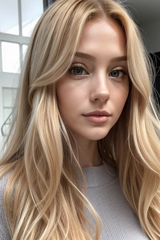 Jolie jeune fille; long orange blonde hair, wavy and loose hair, slightly tousled hair; yeux gris vif; claire; 160 cm de hauteur; mince; Coupe d'head to waist image; living room in the background; d' timide; The camera is slightly above'she towards whom she looks up innocently.