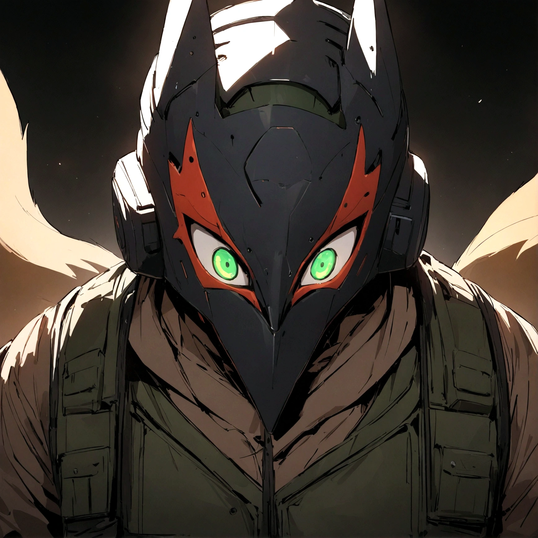 (masterpiece), best quality, expressive eyes, perfect face, Male, Black sci-fi helmet with fox ears and a Kitsune Mask integrated to the helmet, black helmet and mask, four eyed mask, green eyes, brown fur lined overcoat, tactical vest, handsome, waist up view, upper body view