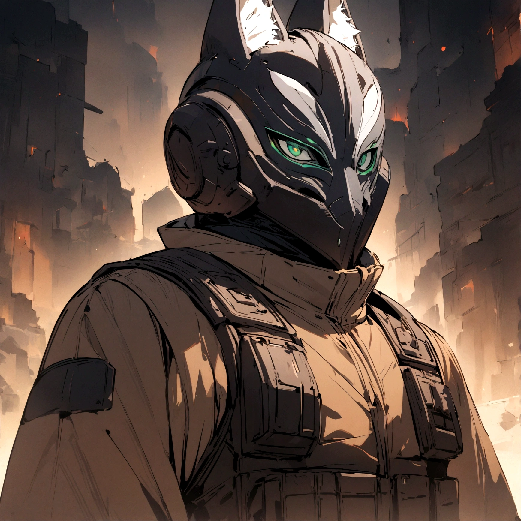 (masterpiece), best quality, expressive eyes, perfect face, Male, Black sci-fi helmet with fox ears and a Kitsune Mask integrated to the helmet, black helmet and mask, four eyed mask, green eyes, brown fur lined overcoat, tactical vest, handsome, waist up view, upper body view
