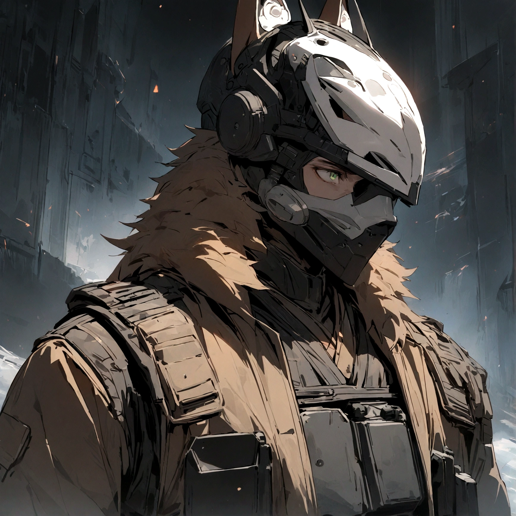 (masterpiece), best quality, expressive eyes, perfect face, Male, Black sci-fi helmet with fox ears and a Kitsune Mask integrated to the helmet, black helmet and mask, four eyed mask, green eyes, brown fur lined overcoat, tactical vest, handsome, waist up view, upper body view