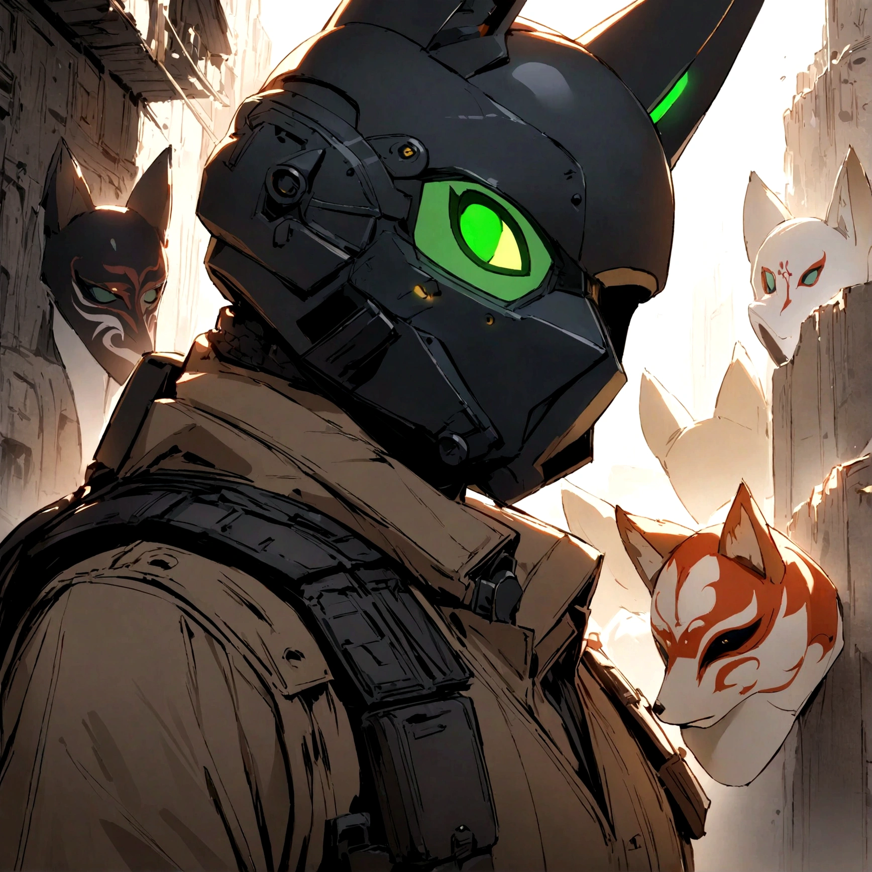 (masterpiece), best quality, expressive eyes, perfect face, Male, Black sci-fi helmet with fox ears and a Kitsune Mask integrated to the helmet, black helmet and mask, four eyed mask, green eyes, brown fur lined overcoat, tactical vest, handsome, waist up view, upper body view