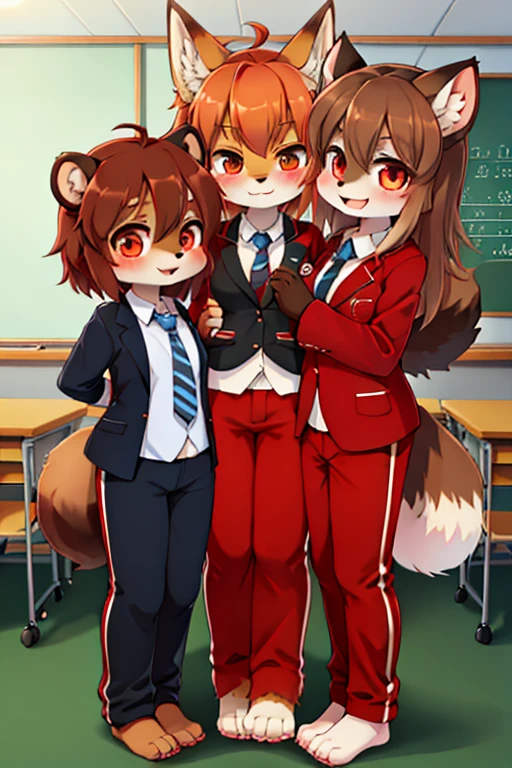 3girls, wolf and fox and tanuki, furry, bodyfur, tail, blazer, red jersey pants, long pants, glove, barefoot, chibi, sparkling eyes, side by side, school, classroom