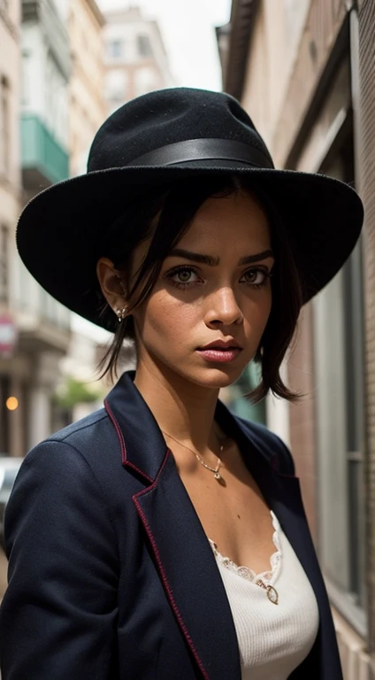 Close-up of a woman with a serious expression., vistiendo una chaqueta de cuero azul y un sombrero de fieltro, El fondo debe estar desenfocado y presentar un aspecto arenoso., urban configuration