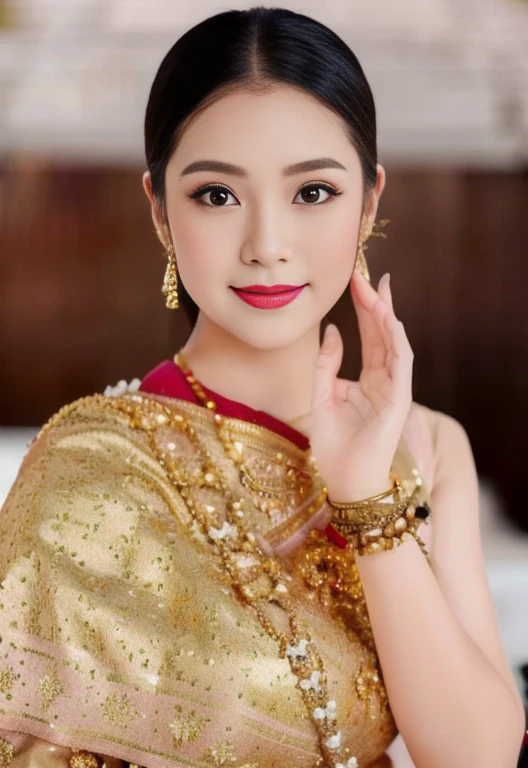A woman in a pink and gold dress stands in front of a wall., Sukhothai set, traditional beauty, Very beautiful Enga style., traditional, Thai anime girl, Niwan Chandra, According to Thawan Duchanee's style, traditional dress, Wear elegant clothes, Southeast Asia that has existed for a long time, traditional tai costume, traditional clothes, Wear beautiful clothes.