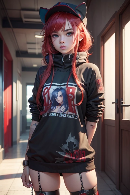 big red hair, blue eyes and black clothes, anime version