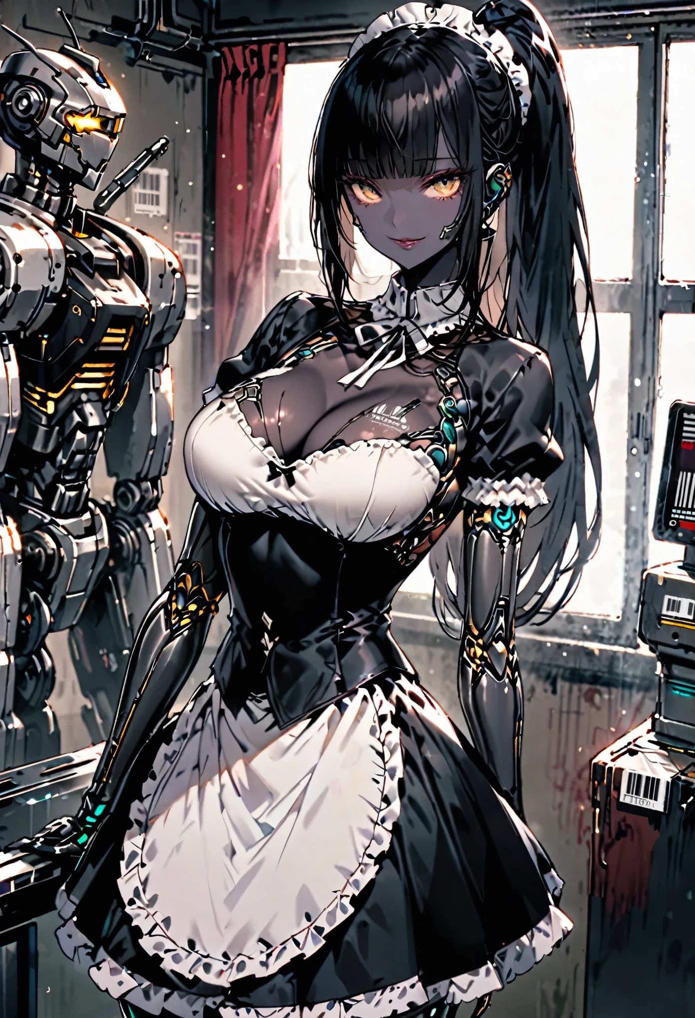 solo, female, medium shot, sfw, huge breasts, black skin, very tall, long hair, black hair, straight hair, straight bangs, ponytail, personal assistant, beaming smile, curvaceous, ((robot seams on skin)), cyborg, bar code on skin, indoors, cozy, fluffy french maid uniform, cleavage, fluffy skirt, short sleeves, fluffy sleeves, narrow waist, luxurious, black clothes